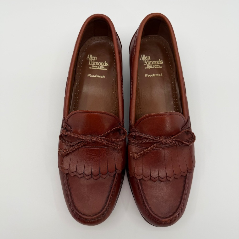 Allen Edmonds Woodstock Mens 11 D Brown Leather Kiltie Braided Penny Loafers USA